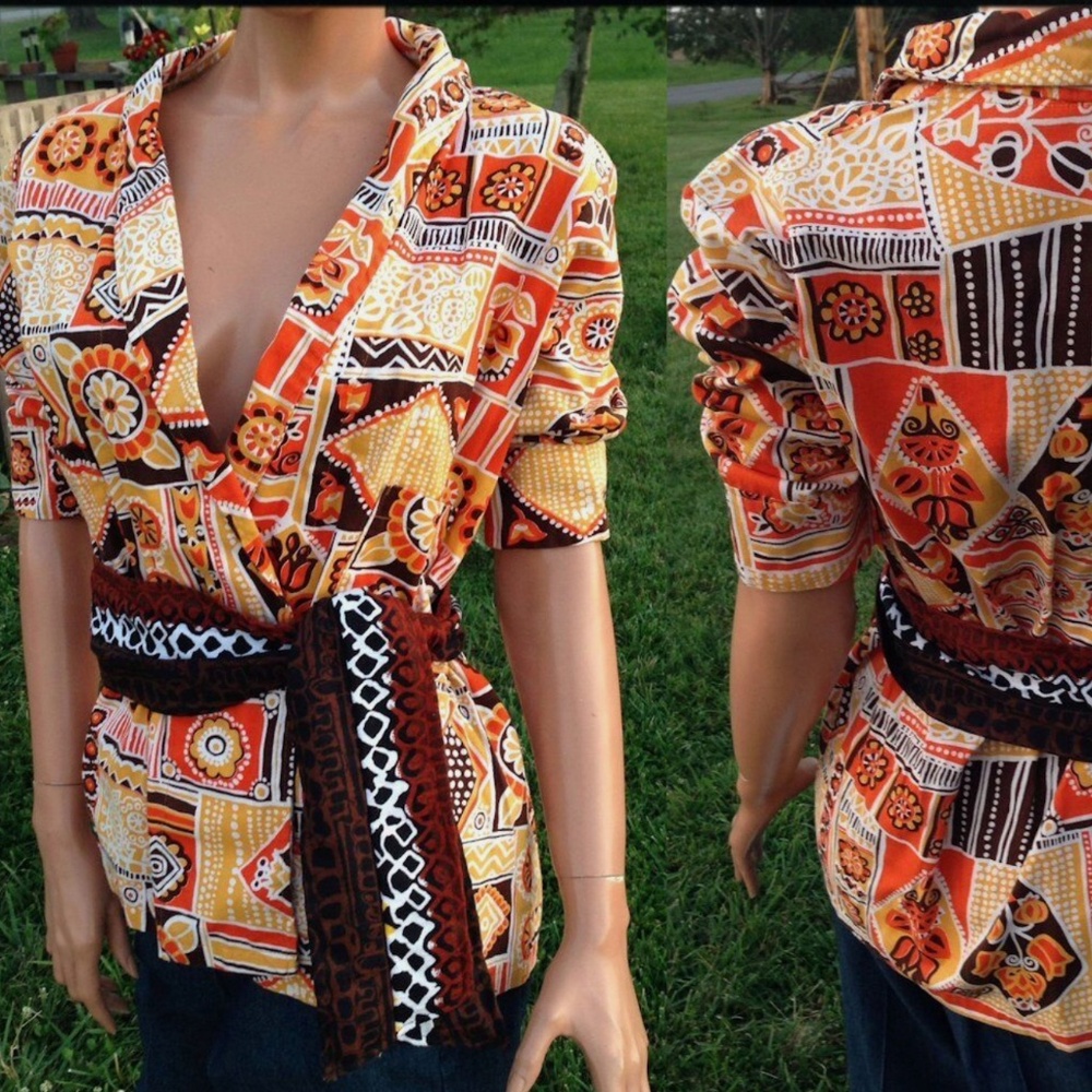 VTG 60s Yellow Orange Brown Festival Hippie Tribal Print Kimono Top/Sash Tie~L